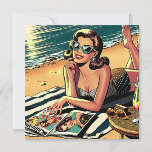 Retro-Frau am Strand liest eine Modezeitschrift Karte