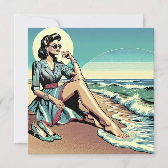 Retro-Frau aus den 50er Jahren am Strand Karte (Vorderseite)