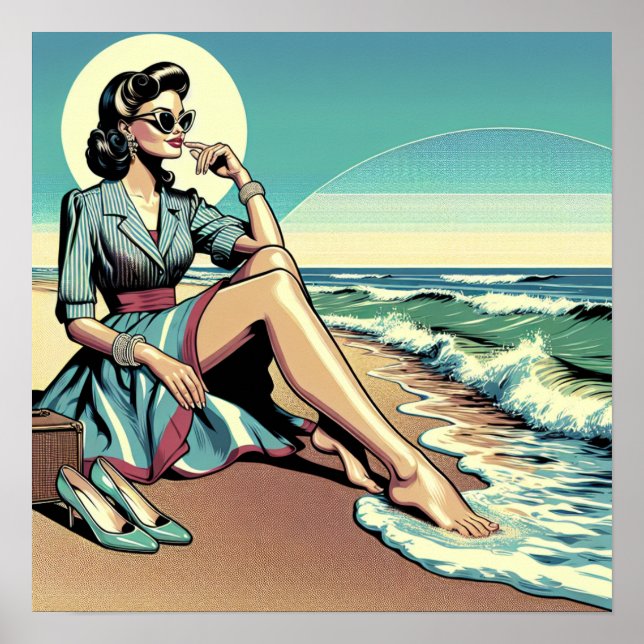 Retro-Frau aus den 50er Jahren am Strand Poster (Vorne)