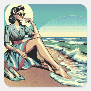 Retro-Frau aus den 50er Jahren am Strand Quadratischer Aufkleber