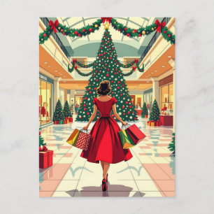 Retro-Frau beim Weihnachtseinkauf Mitte des Jahrhu Postkarte