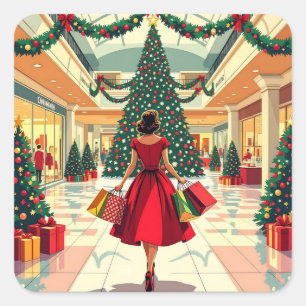 Retro-Frau beim Weihnachtseinkauf Mitte des Jahrhu Quadratischer Aufkleber