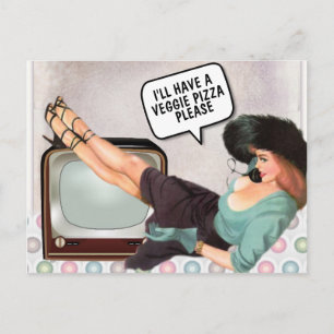 RETRO FRAU BESTELLT VEGETARISCHE PIZZA POSTCARD POSTKARTE
