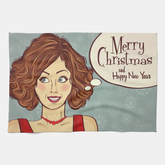 Retro Frau frohe Weihnachten Geschirrtuch (Horizontal)