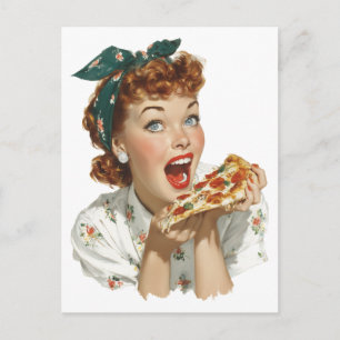 Retro-Frau genießt Pizzastück Postkarte