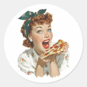 Retro-Frau genießt Pizzastück Runder Aufkleber