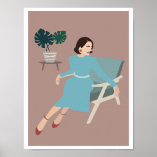 Retro-Frau im blauen Kleid Sessel Monstera Kunst Poster