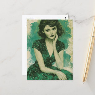 Retro-Frau in einem grün-weißen Punkte-Kleid Postkarte
