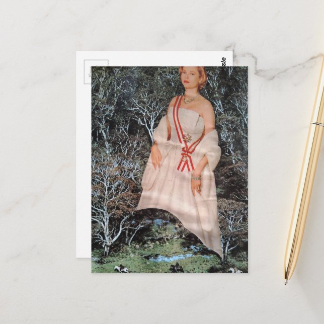 Retro-Frau in einer Wald-Collage Postkarte (Vorderseite/Rückseite Beispiel)