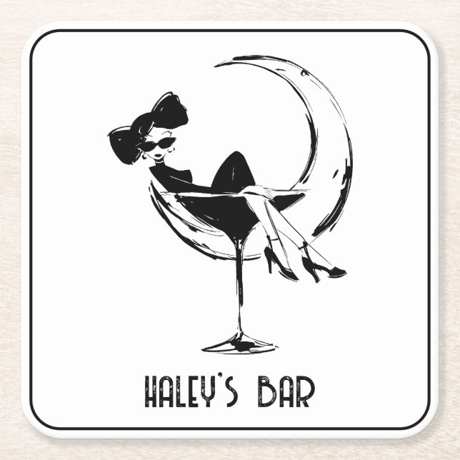 Retro-Frau in Martini-Bar Rechteckiger Pappuntersetzer (Vorderseite)