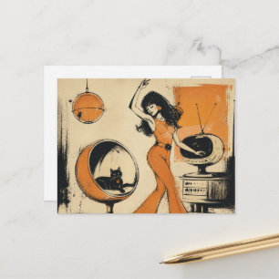 Retro-Frau in Orange tanzt mit schwarzer Katze Postkarte