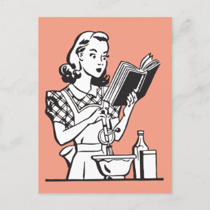 Retro-Frau kocht lustige 1950er Jahre Postkarte