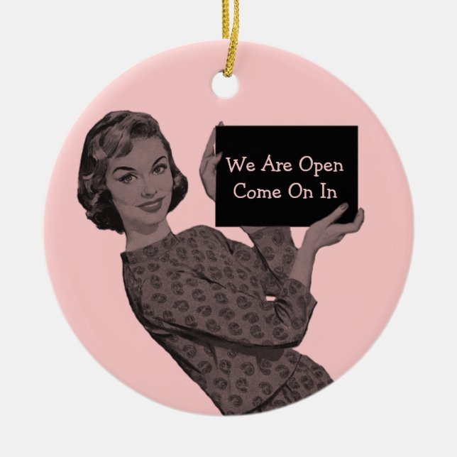 Retro-Frau mit Klapptür-Hanger-Ornament Keramik Ornament (Vorne)
