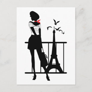 Retro-Frau rote schwarze Silhouette mit Eiffelturm Postkarte