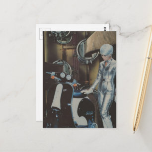 Retro-Frau und Roller-Collage Postkarte