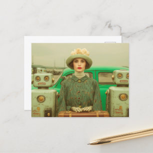 Retro-Frau und zwei Roboter Postkarte