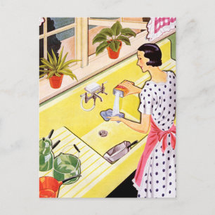 Retro-Frau wäscht Geschirr Postkarte