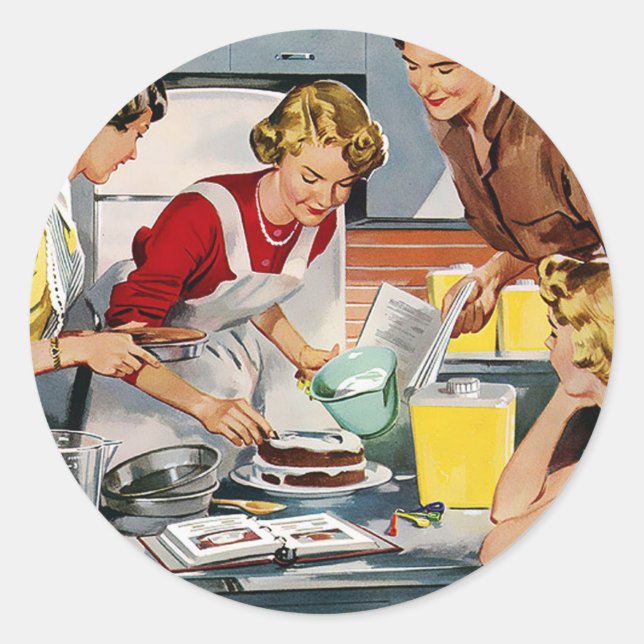 Retro-Frauen backen Kuchen Runder Aufkleber (Vorderseite)