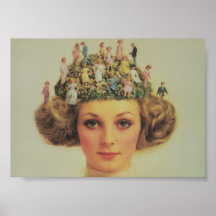 Retro Frauen surreales Haar mit winzigen Menschen Poster