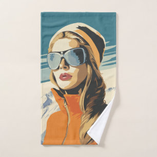 Retro Frauenportrait im Schnee Badhandtuch Set