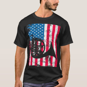 Retro French Horn Vintag US Flag Music Artwork Ju T-Shirt