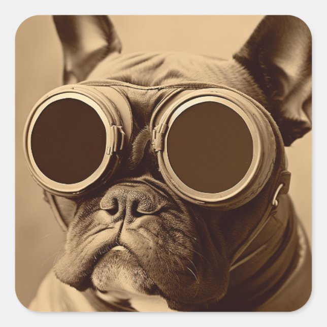 Retro Frenchie Sepia Quadratischer Aufkleber (Vorderseite)