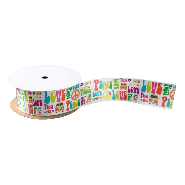 Retro FriedensHippie-Zeichen-Muster Satinband (Spule)