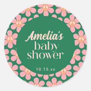 Retro-Friedenszeichen-Blume Grün Pink Baby Shower  Runder Aufkleber