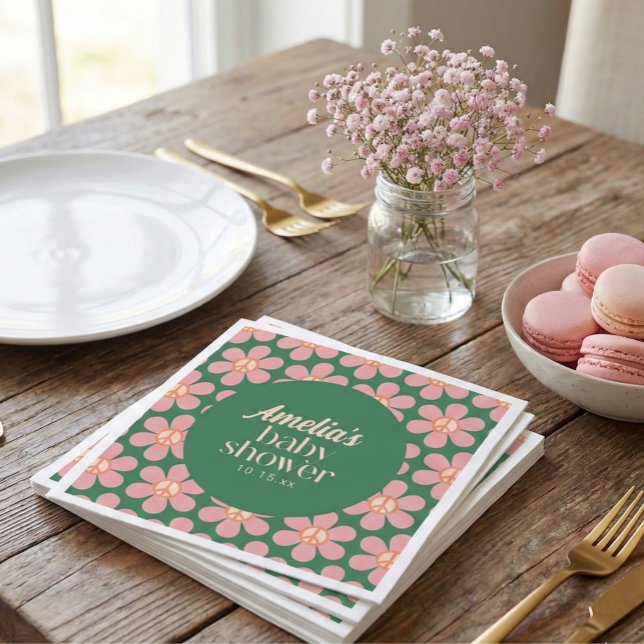 Retro-Friedenszeichen-Blume Grün Rosa Baby Shower Serviette (Von Creator hochgeladen)