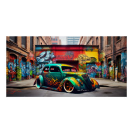 Retro Frisierte Auto Graffiti Städtische Landschaf Poster