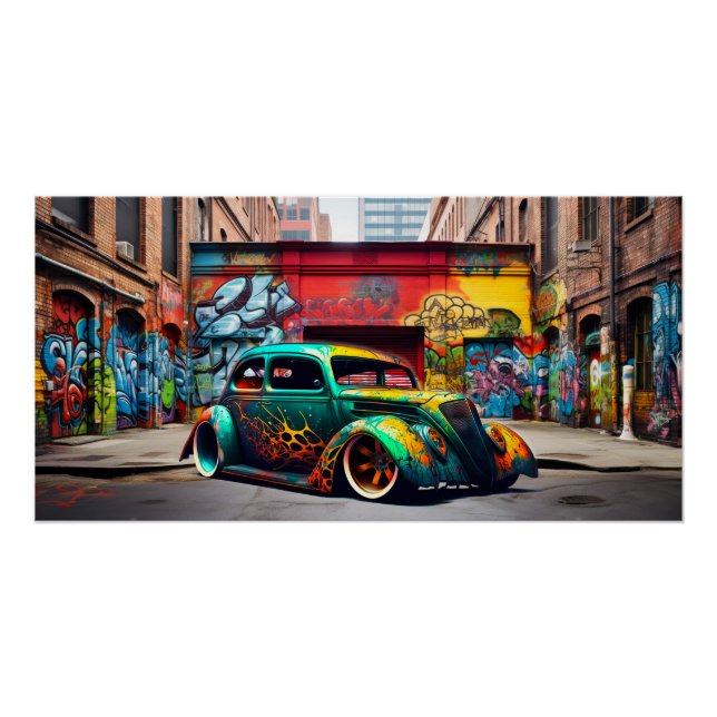 Retro Frisierte Auto Graffiti Städtische Landschaf Poster (Vorderseite)