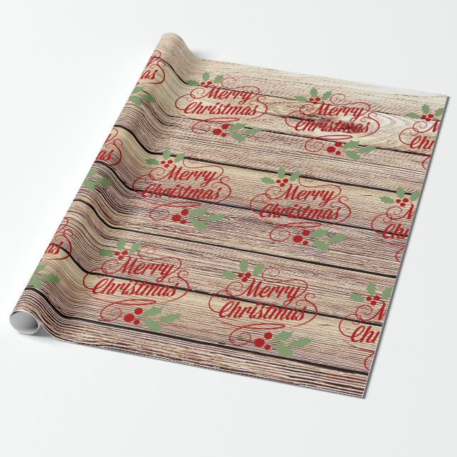 Retro frohe Weihnacht-Typografie-Birken-Holz Geschenkpapier (Ungerollt)