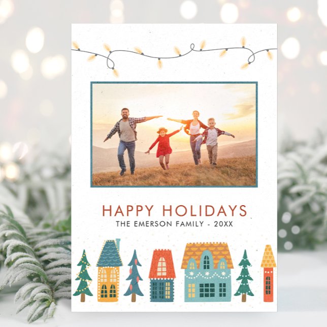 Retro Frohe Weihnachts-Fotokarten Feiertagskarte (Family Photo Cute Holiday Retro Houses Christmas Cards by Painted Paperie)