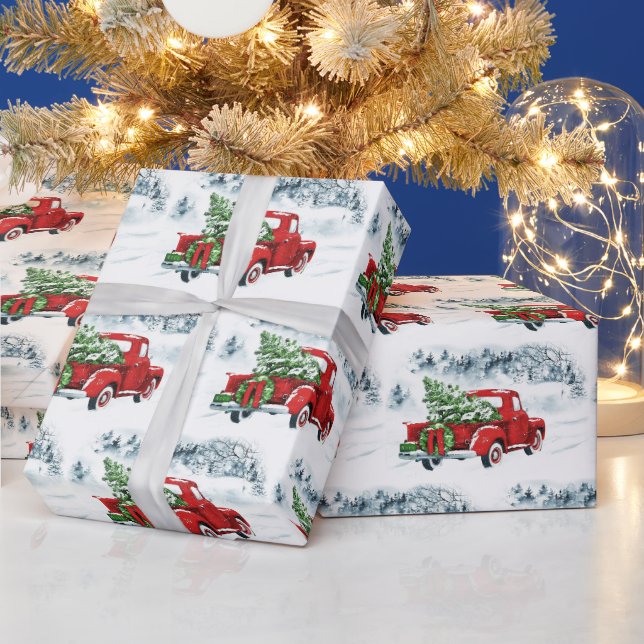 Retro Frohe Weihnachtsbaum Red Farm Truck Urlaub Geschenkpapier (Feiertage)