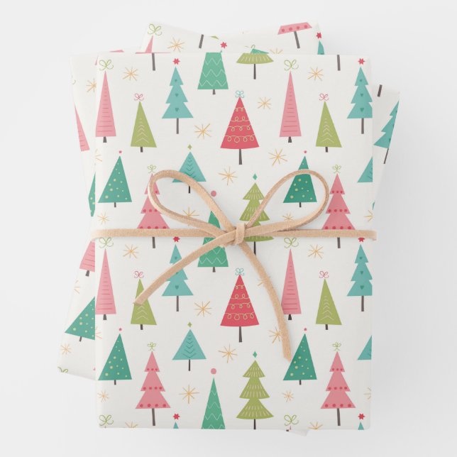 Retro Frohe Weihnachtsbaumen Spaß Urlaubsmuster Geschenkpapier Set (Beispiel)