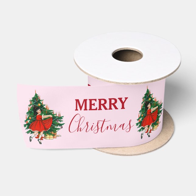 Retro Frohe Weihnachtsmädchen Xmas Tree Pink Satinband (Spule)