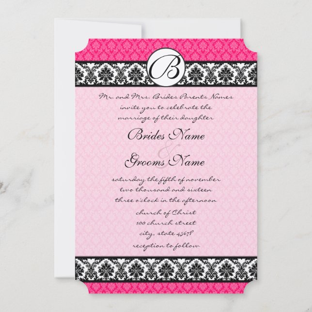 Retro Fuchsia Pink & Black Damask Hochzeit Einladung (Rückseite)