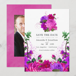 Retro-Fuchsia- und Violette Blumige Hochzeitsfotog Save The Date