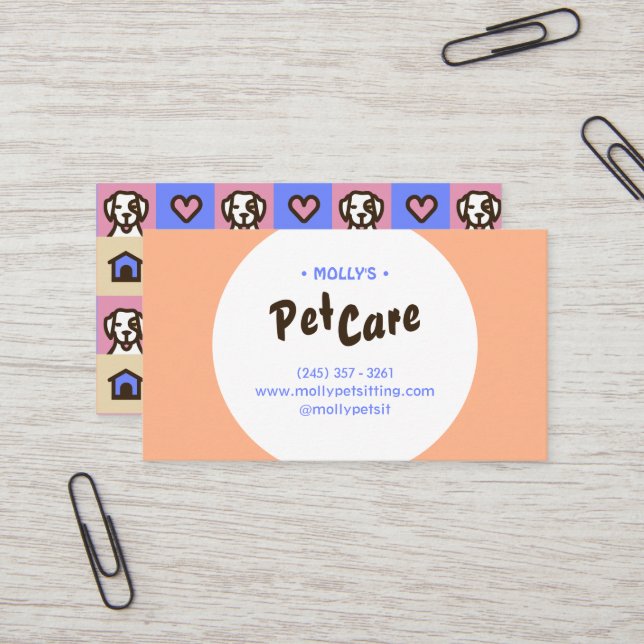 Rétro Fun Pet Care Carte de visite assis (Devant/Arrière en situation)