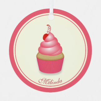 Retro Fun Pink Cupcake w Name Datum Ornament Aus Metall