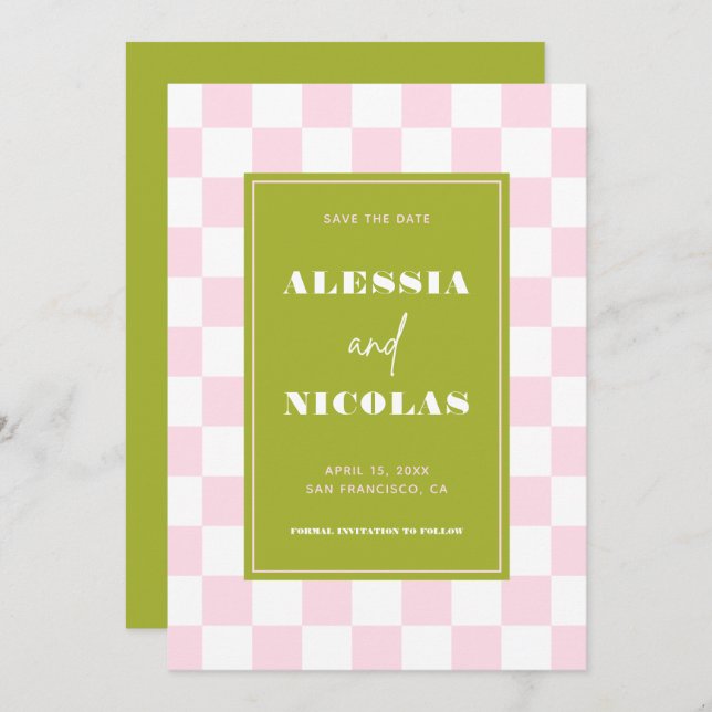 Retro Fun Pink & Green Checkerboard Check Wedding Save The Date (Vorne/Hinten)