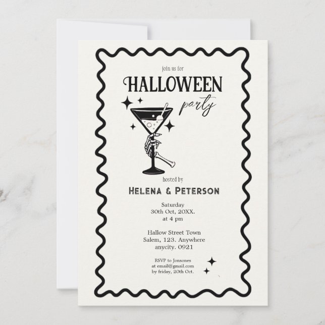 Retro Fun Schwarz-Weiß-Halloween-Party Einladung (Vorderseite)