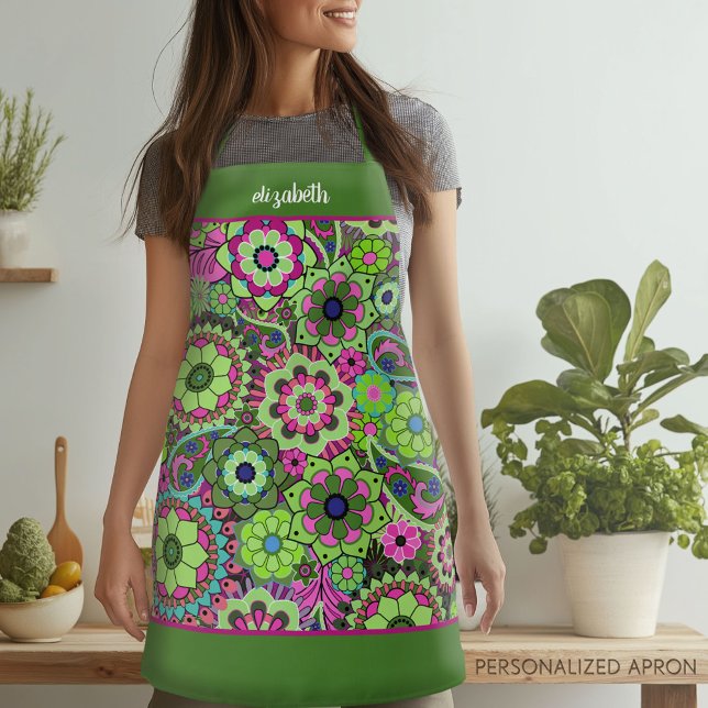 Retro Funky Flowers - Pink Grün mit Skriptname Schürze (Personalized Apron)