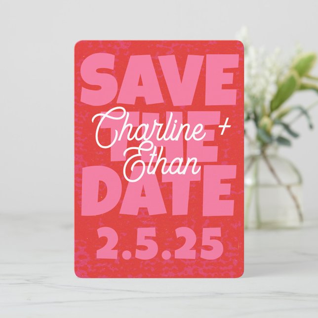 Retro Funky Pink Red Save the Date Qr Code (Von Creator hochgeladen)