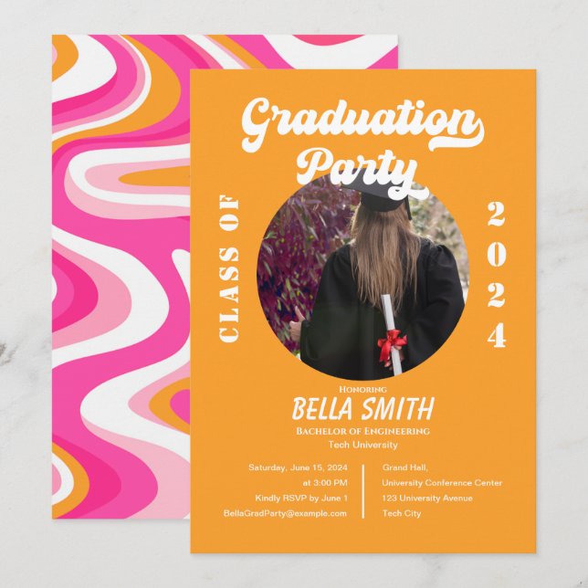 Retro Funky Pink und Orange Abschluss Einladung (Vorne/Hinten)
