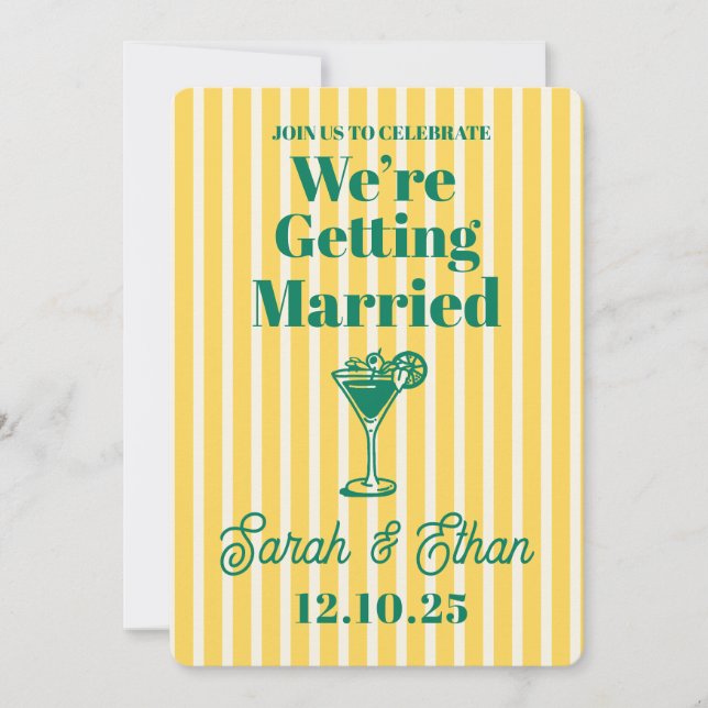 Retro Funky Striped Green Yellow Wedding Einladung (Vorderseite)