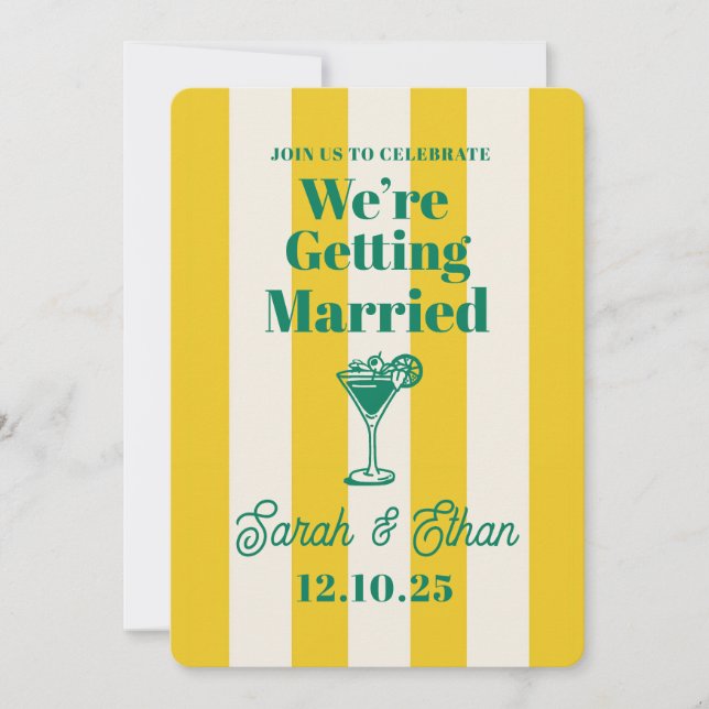 Retro Funky Striped Green Yellow Wedding Einladung (Vorderseite)