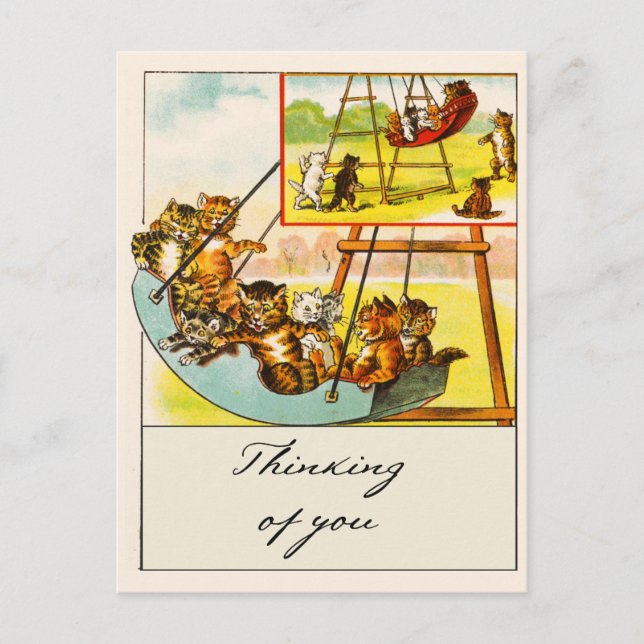 Retro Funny Cats Playing on Swing Thinking Postkarte (Vorderseite)