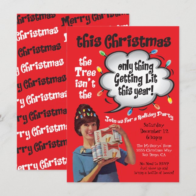 Retro Funny Getting Lit Christmas Cocktail Party Einladung (Vorne/Hinten)