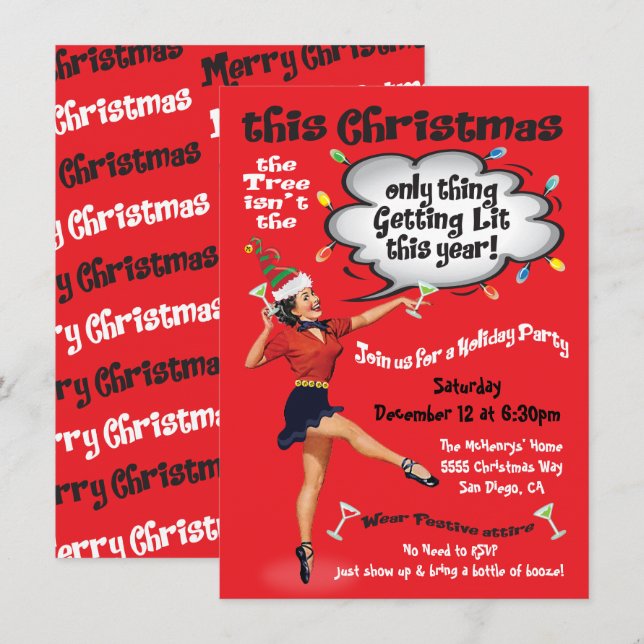 Retro Funny Getting Lit Christmas Cocktail Party Einladung (Vorne/Hinten)